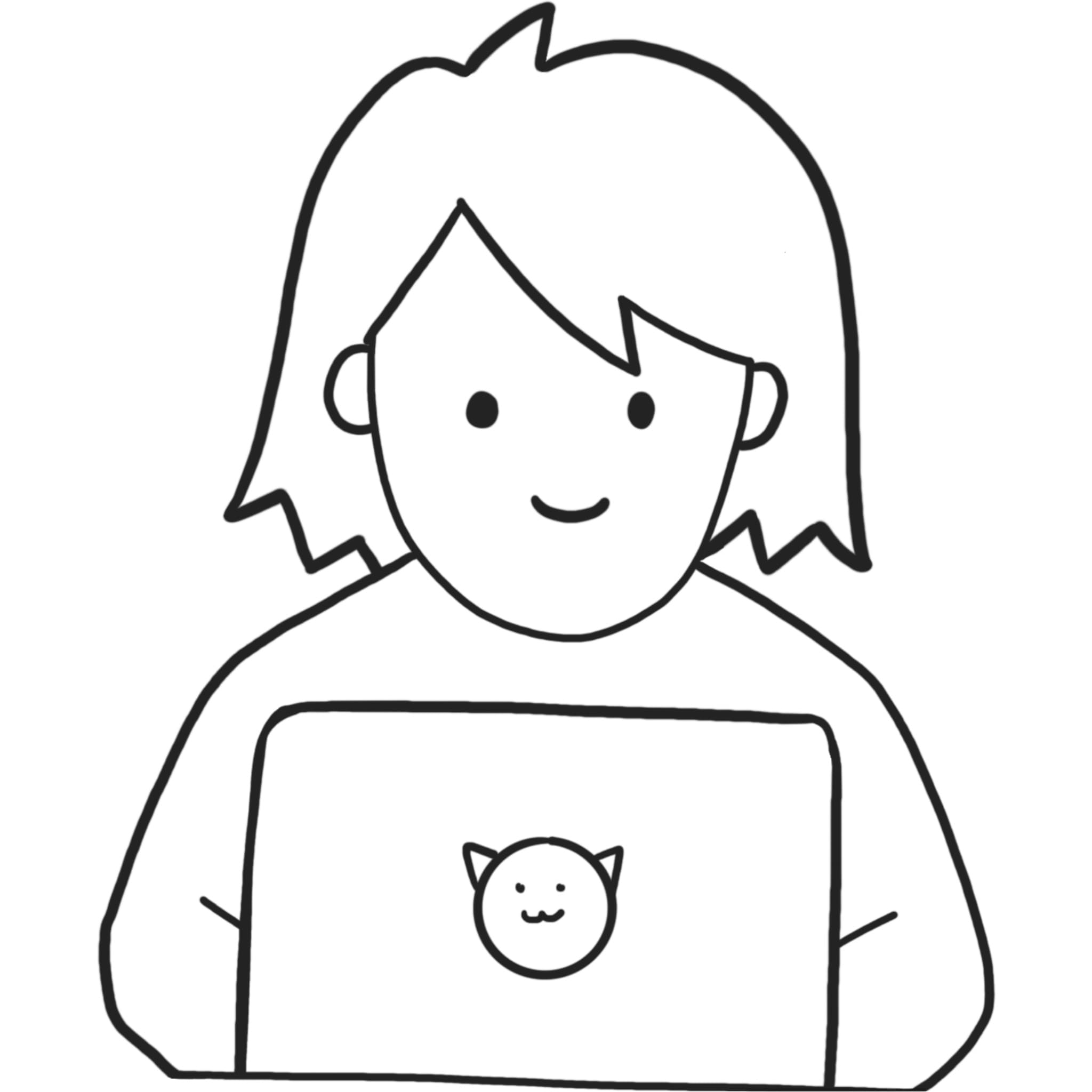 Drawing of a girl happily coding on a laptop.