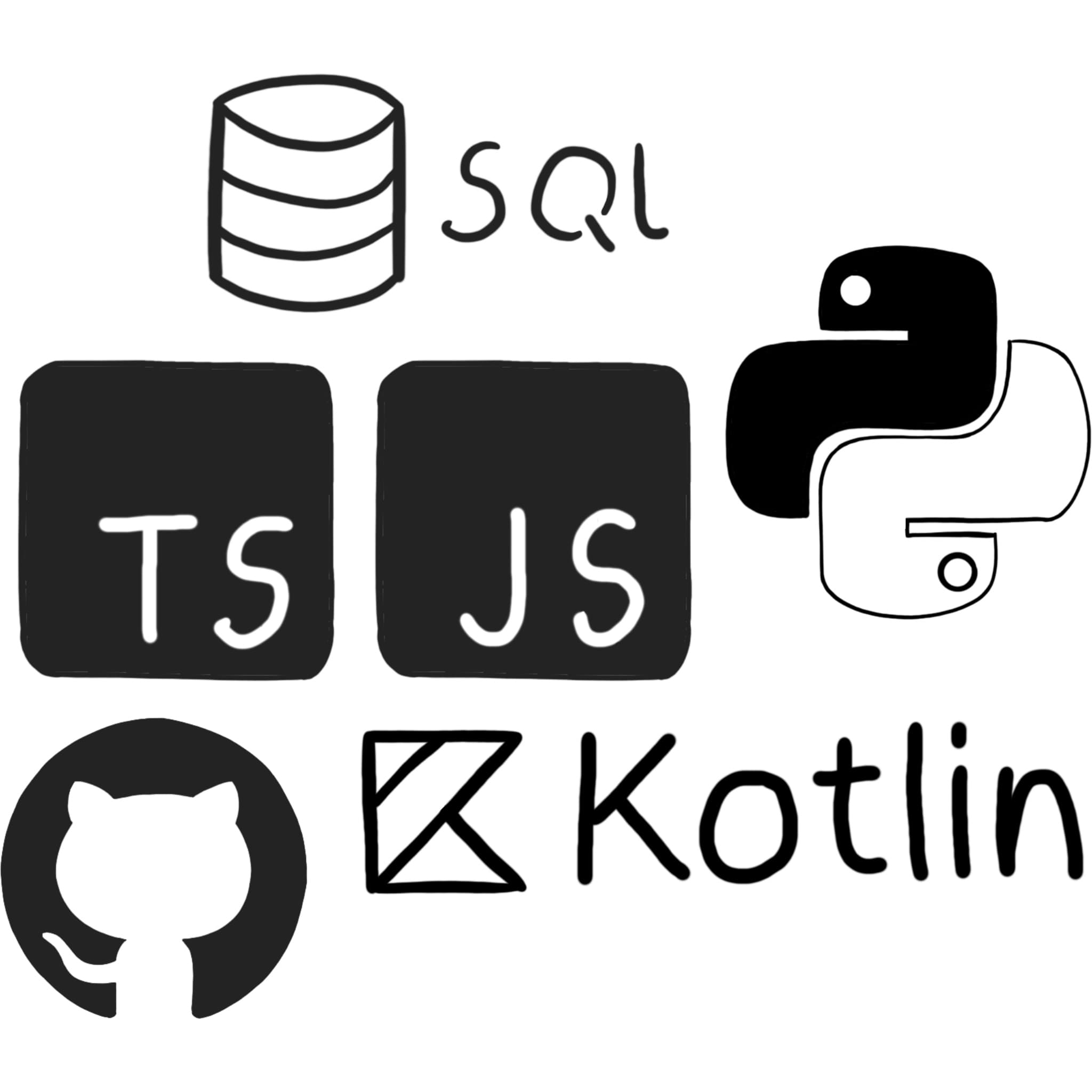 Drawing of the logos of different programming languages and other related technologies.